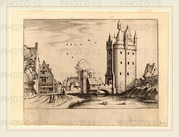 Johannes van Doetechum, the Elder and Lucas van Doetechum after Master of the Small Landscapes (Dutch, active 1554-1572; died before 1589), Town Gate with Country Houses, published 1559-1561, etching retouched with engraving