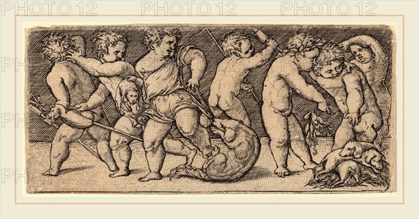 Master of the Horse Heads (Netherlandish, active first third 16th century), Children Playing with a Bitch  and Three Young Dogs, etching