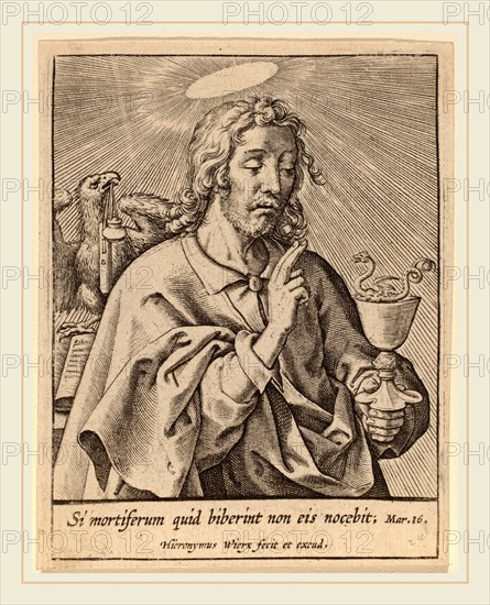 Hieronymus Wierix (Flemish, c. 1553-1619), Si mortiferum quid biberint  (Saint John the Evangelist), engraving