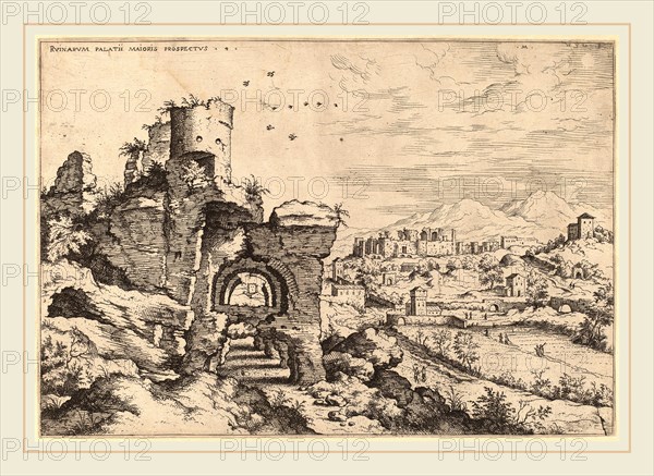 Hieronymus Cock (Flemish, c. 1510-1570), Ruins on the Palatine, Looking toward the Baths of Caracalla, probably 1550, etching on laid paper