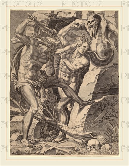 Dirck Volckertz Coornhert (Netherlandish, 1522-1590), Hercules Killing Cacus, 1554, counterproof of engraving