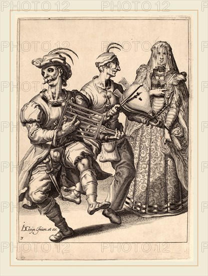 Attributed to Zacharias Dolendo after Jacques de Gheyn II (Dutch, active 1581-1598), A Veiled Woman with Two Musicians Playing a Gridiron and a Bellows, 1595-1596, engraving on laid paper