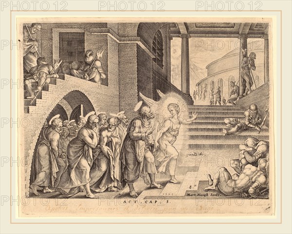 Philip Galle after Maerten van Heemskerck (Flemish, 1537-1612), The Apostles Delivered from Prison by an Angel, engraving