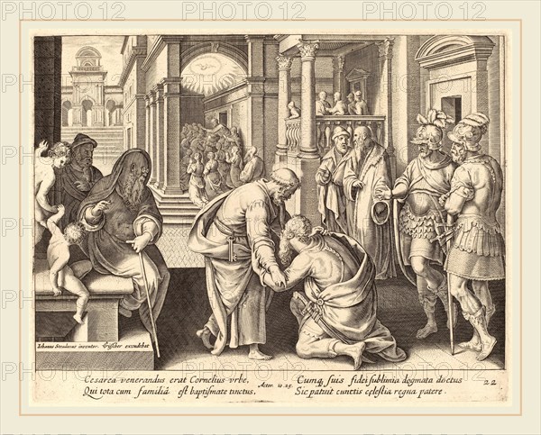 Philip Galle after Jan van der Straet (Flemish, 1537-1612), Cornelius Worshipping Saint Peter, engraving