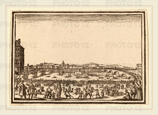 Edouard Eckman after Jacques Callot (Flemish, born c. 1600), Fireworks on the Arno, Florence, 1621, woodcut