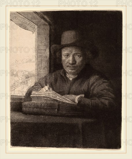 Rembrandt van Rijn (Dutch, 1606-1669), Self-Portrait Drawing at a Window, 1648, etching, drypoint, and engraving on laid paper