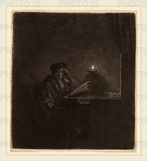 Rembrandt van Rijn (Dutch, 1606-1669), Student at a Table by Candlelight, c. 1642, etching
