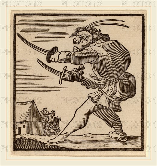 H. Numan after Jacques Callot (Dutch, 1728-1788), Hunchback Brandishing Two Swords, woodcut on laid paper