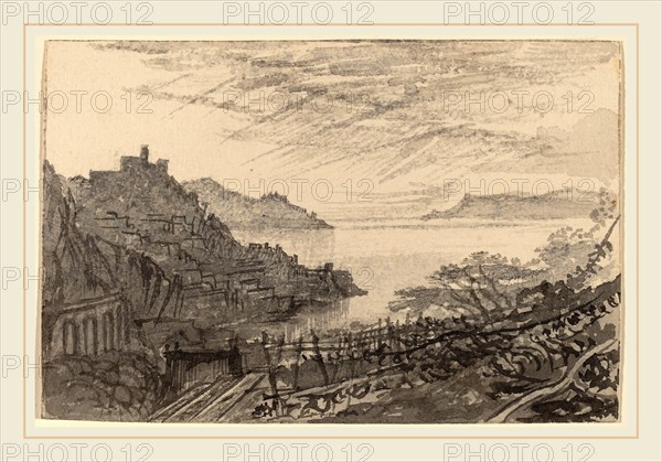Edward Lear, View of a Bay from a Hillside (Amalfi), British, 1812-1888, 1884-1885, gray wash on wove paper