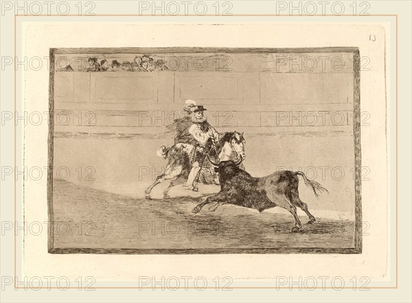Francisco de Goya, Un caballero espanol en plaza quebrando rejoncillos sin auxilio de los chulos (A Spanish Mounted Knight in the Ring Breaking Short Spears without the Help of Assistants), Spanish, 1746-1828, in or before 1816, etching, burnished aquatint, drypoint and burin [first edition impression]