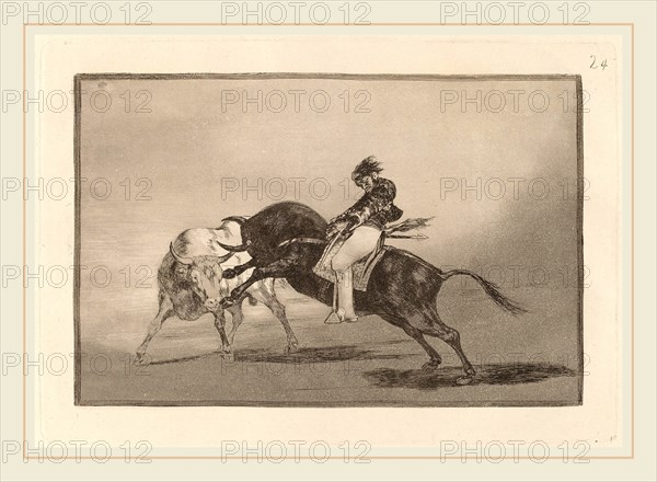 Francisco de Goya, El mismo Ceballos montado sobre otro toro quiebra rejones en la plaza de Madrid (The Same Ceballos Mounted on Another Bull Breaks Short Spears in the Ring at Madrid), Spanish, 1746-1828, in or before 1816, etching, burnished aquatint, drypoint and burin [first edition impression]