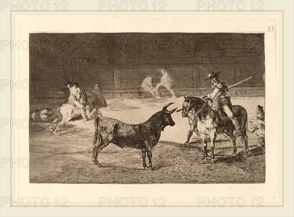 Francisco de Goya, El celebre Fernando del Toro, barilarguero, obligando a la fiera con su garrocha (The celebrated Picador, Fernando del Toro, Draws the Fierce Beast on with His Pique), Spanish, 1746-1828, in or before 1816, etching, burnished aquatint, drypoint and burin [first edition impression]