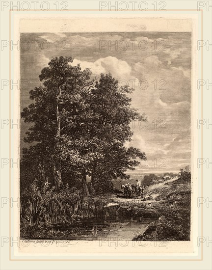 Alexandre Calame, Riders by a Pond, Swiss, 1810-1864, 1841, etching on chine collé