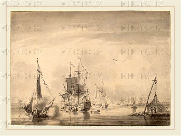 John Greenwood, Harbor Scene, American, 1727-1792, c. 1760, brush and gray ink with gray wash on laid paper