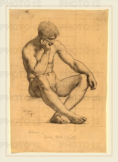 Kenyon Cox, Seated Male Nude: Study for "Science"-Iowa State Capitol, American, 1856-1919, 1905, graphite on laid paper, squared with graphite