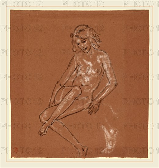 Arthur B. Davies, Seated Nude and a Foot, American, 1862-1928, probably 1920, black and white chalk fixed with water bath on brown laid paper