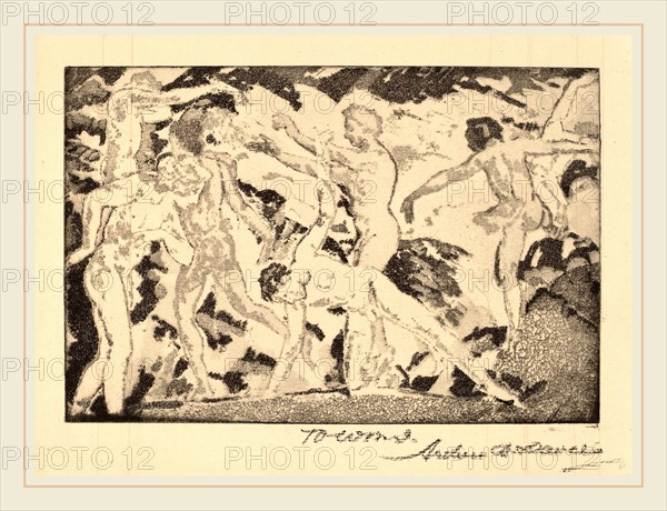 Arthur B. Davies, By the Caliban, American, 1862-1928, 1919-1920, softground etching with aquatint in black on laid paper with ruled lines on verso