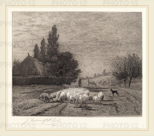 Joseph Foxcroft Cole, Village Street in France With a Flock of Sheep, American, 1837-1892, 1866 (printed 1880), etching