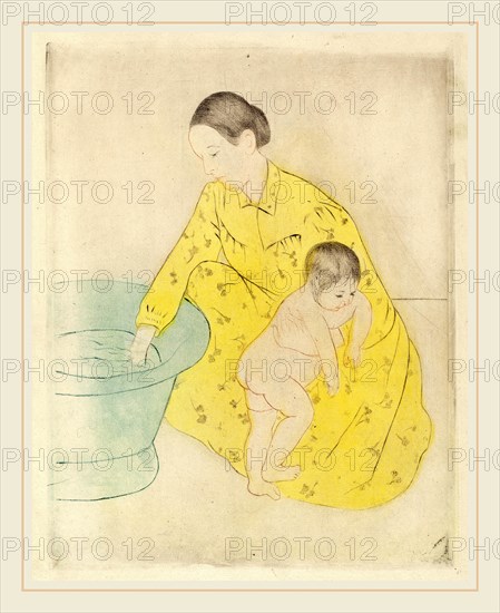 Mary Cassatt, The Bath, American, 1844-1926, c. 1891, drypoint and soft-ground etching in yellow, blue, black, and sanguine