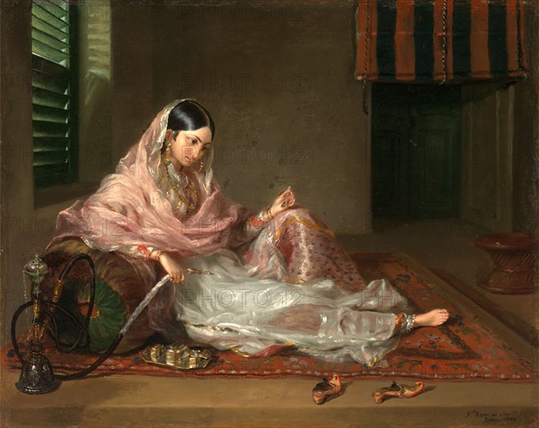 Muslim Lady Reclining An Indian Girl with a Hookah, signed and dated 1789 Signed and dated in black, lower right: "Fr. RENALDI PINXIT | [Dacca 7...9]", Francesco Renaldi, 1755-after 1798, Italian