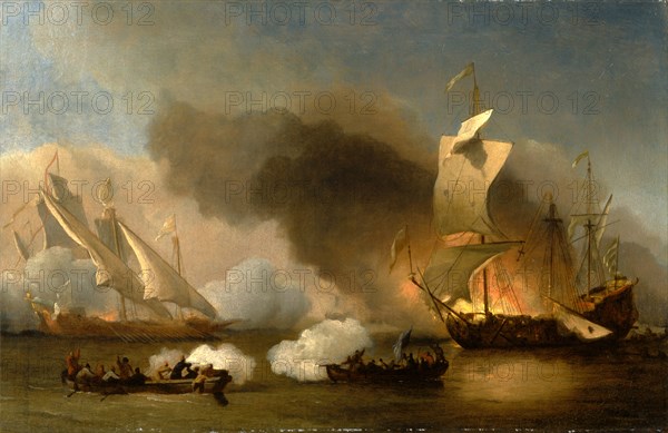 An Action off the Barbary Coast with Galleys and English Ships, William van de Velde the Younger, 1633-1707, Dutch