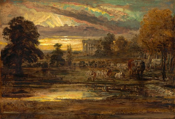 Cattle at a Pool at Sunrise Signed and dated, lower left: "JW RA 1827", James Ward, 1769-1859, British
