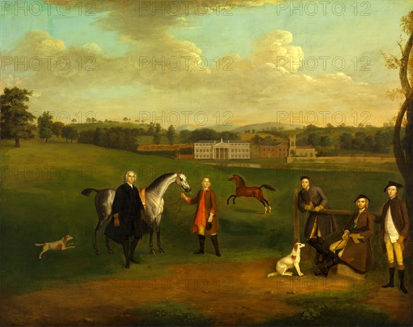 Leak Okeover, Rev. John Allen and Captain Chester at Okeover Hall, Staffordshire Leak Okeover Esquire, The Reverend John Allen and Captain Chester, with Grooms, Horses and Dogs, in the Grounds of Okeover Hall, Staffordshire, Arthur Devis, 1712-1787, British