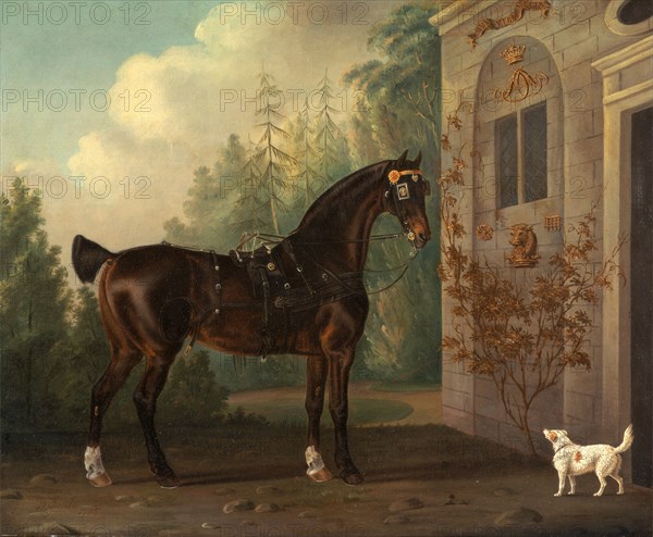Lord Abergavenny's Dark Bay Carriage Horse with a Terrier Lord Abergavenny's Dark Bay Carriage Horse Waiting with a Terrier Outside the Coach-House at Eridge Castle, Sussex Signed and dated, lower left: "T Gooch 1785", Thomas Gooch, 1750-1802, British