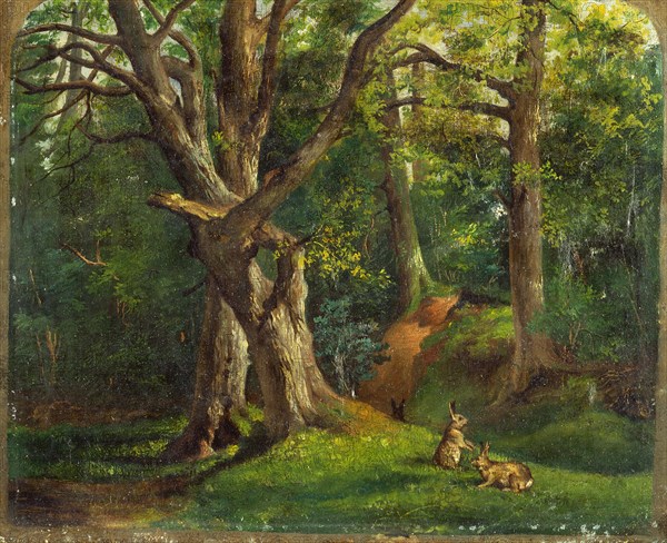 Woodland scene with rabbits Possibly signed, lower right: "[Hube??]", Sir Hubert von Herkomer, 1849-1914, British
