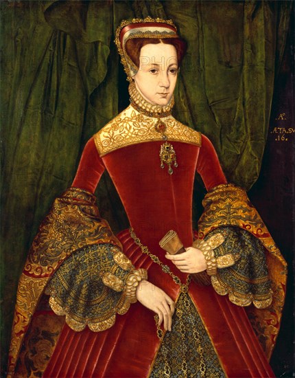 Portrait of a woman, aged sixteen, previously identified as Mary Fitzalan, Duchess of Norfolk, 1565 Signed and dated in yellow paint, center right: "AÂº. | AETA SV | 16"; lower right: "1565 | ME", Hans Eworth, active 1540-1574, British
