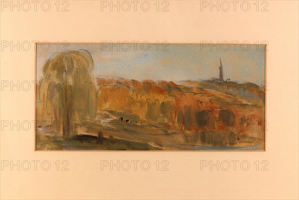 Sunny Landscape with Trees and Monument on a Hill, unknown artist, 19th century, British
