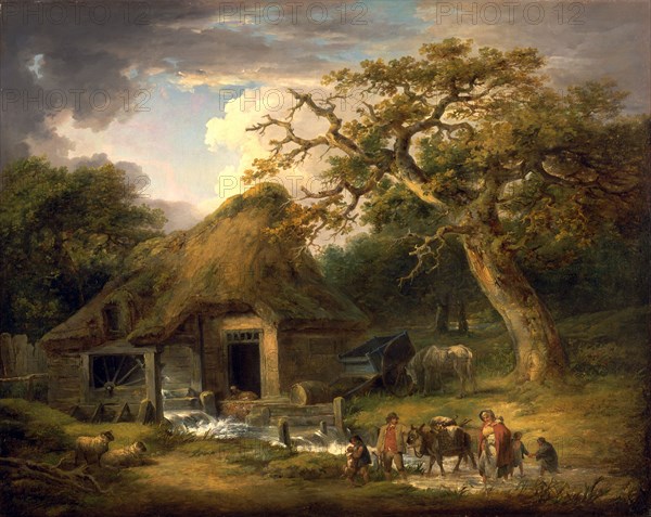 The Old Water Mill Rustic Family Passing a Watermill Signed and dated in brown paint, lower right: "G. Morland 1790", George Morland, 1763-1804, British