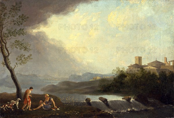An Imaginary Italianate Landscape with Classical Figures and a Waterfall, Thomas Jones, 1742-1803, British