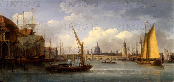 London Bridge, with St. Paul's Cathedral in the distance A View of London Bridge from the East, with St. Paul's Cathedral in the Background, London Signed and dated in black paint, lower center (on boat): "W. Anderson 1815", William Anderson, 1757-1837, British