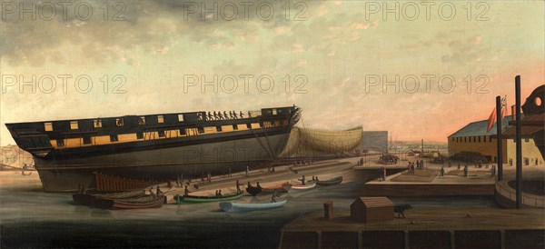 Heaving up His Majesty's Frigate 'Diana' at Blackburn's Yard, near Plymouth Signed in ocher colored paint, lower right: "John Rogers Pinxit | [...] Chapel", John Rogers, 1808-ca.1888, British