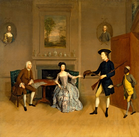 John Orde, His Wife Anne, and His Eldest Son William John Orde and His Second Wife Watching William Orde's Return From Shooting Inscribed, center right, on letter: "To: John Orde | at Mo[?]t [?]"; center left, on newspaper: "The Daily Adv[vertiser]", Arthur Devis, 1712-1787, British