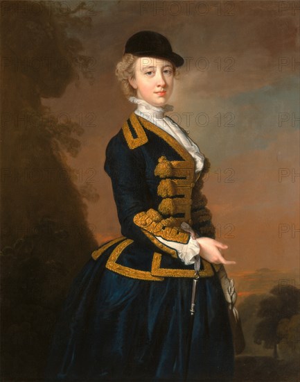 Portrait of a Young Woman of the Fortesque Family of Devon Portrait of Nancy Fortescue, wearing a dark blue riding habit, with gold frogging and cap, Thomas Hudson, 1701-1779, British