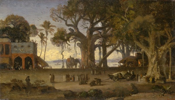 Moonlit Scene of Indian Figures and Elephants among Banyan Trees, Upper India (probably Lucknow), Auguste Borget, 1809 -1877, French
