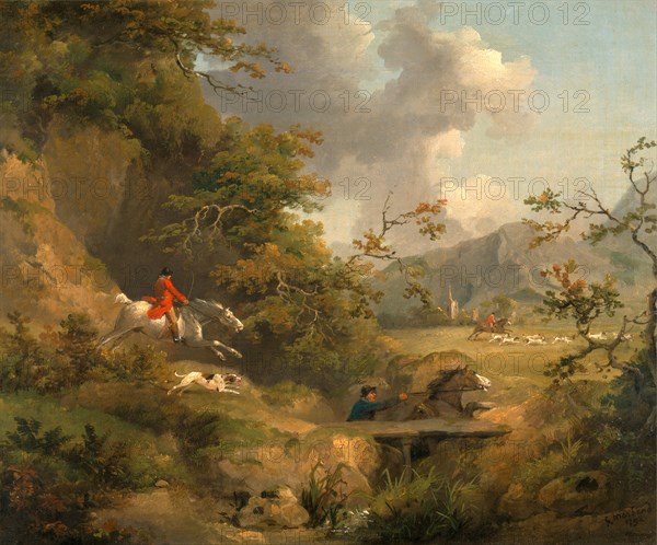 Foxhunting in Hilly Country Signed and dated, black paint, lower right: "G. Marland|1792", George Morland, 1763-1804, British