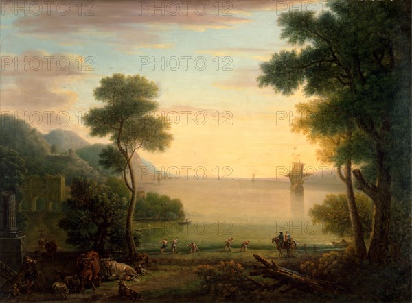 Classical Landscape with Figures and Animals: Sunset Signed and dated in paint, lower left: "J. Wootton fect 1754", John Wootton, 1682-1764, British