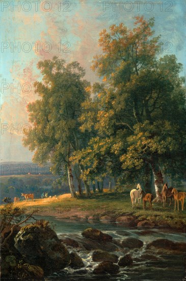 Horses and Cattle by a River Signed and dated, lower left: "G.B.' | 77", George Barret, ca. 1728/32-1784, British