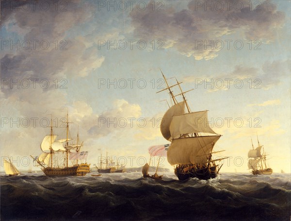 Shipping in the English Channel English Shipping in a Breeze in the Channel, 'Evening', c.1755 Men O' War off a Coast Man o' War off a Coast" Signed in black paint, lower left: "C. Brooking"., Charles Brooking, 1723-1759, British