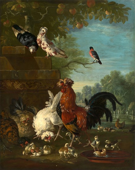 Domestic cock, hens, and chicks in a park Signed and dated, lower left: "PCasteels [P?] | 1730", Peter Casteels, 1684-1749, Flemish