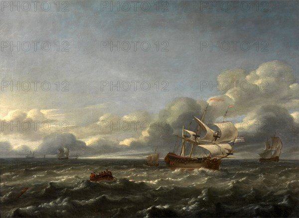 Men of War in a Stiff Breeze Signed lower left on flotsam with monogram: "JB", Jan Theunisz Blankerhoff, 1628 -1669, Dutch