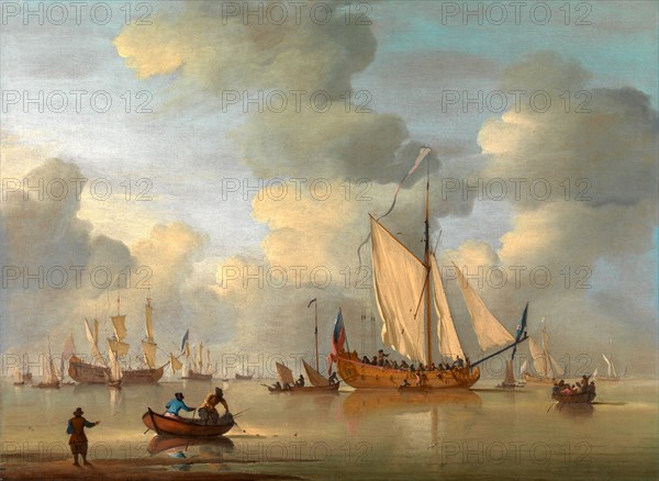 An English Royal Yacht Standing Offshore in a Calm Signed, brown paint, lower left: "P Monamy", Peter Monamy, 1681-1749, British
