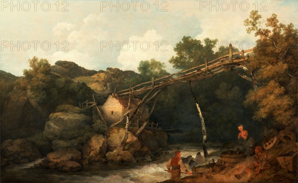 A View near Matlock, Derbyshire with Figures Working beneath a Wooden Conveyor Signed and dated in brown paint, lower left: "PI de Loutherbourg 1785.", Philippe-Jacques de Loutherbourg, 1740-1812, French