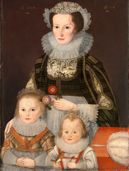 A Lady and Her Two Children Dated in gold paint, or shell gold, upper left: "AÂº 1624" and upper right: "Ã† T. 34", unknown artist, 17th century, British