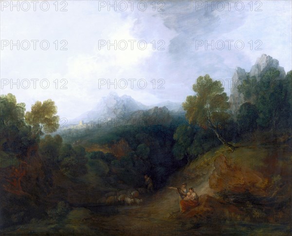 Landscape with a Flock of Sheep Mountain Valley with Peasants A Mountain Valley with Rustic Figures, a Shepherd and Sheep, and a Distant Village and Mountains, Thomas Gainsborough, 1727-1788, British