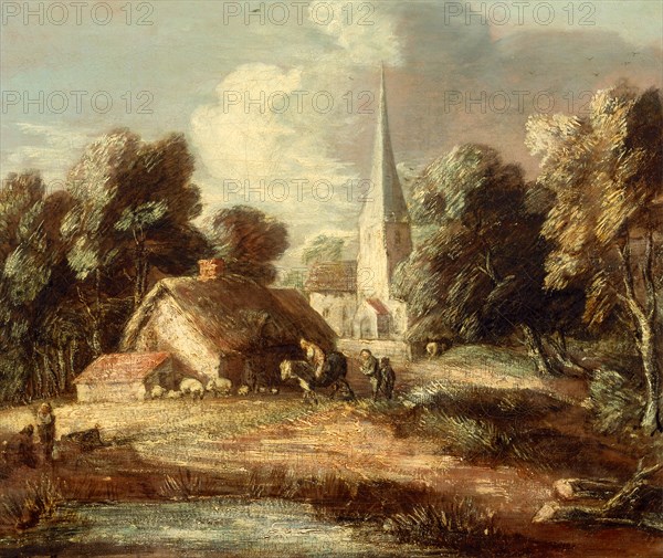 Landscape with cottage and church Landscape with a Church, Cottage, Villagers and Animals, Thomas Gainsborough, 1727-1788, British