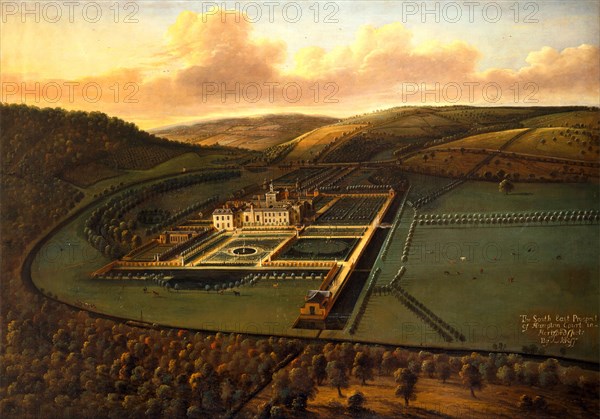 The Southeast Prospect of Hampton Court, Herefordshire Inscribed in black paint, lower right: "The South East Prospect | of Hampton Court in | Hertfordsheir" Signed in black paint, lower right: "by L Kniff", Leonard Knyff, 1650-1721, Dutch